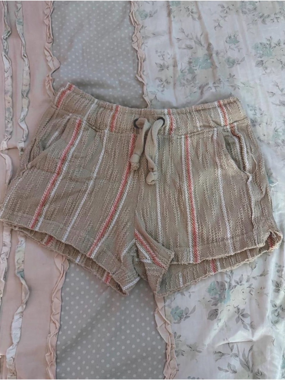 White and beige striped knit shorts